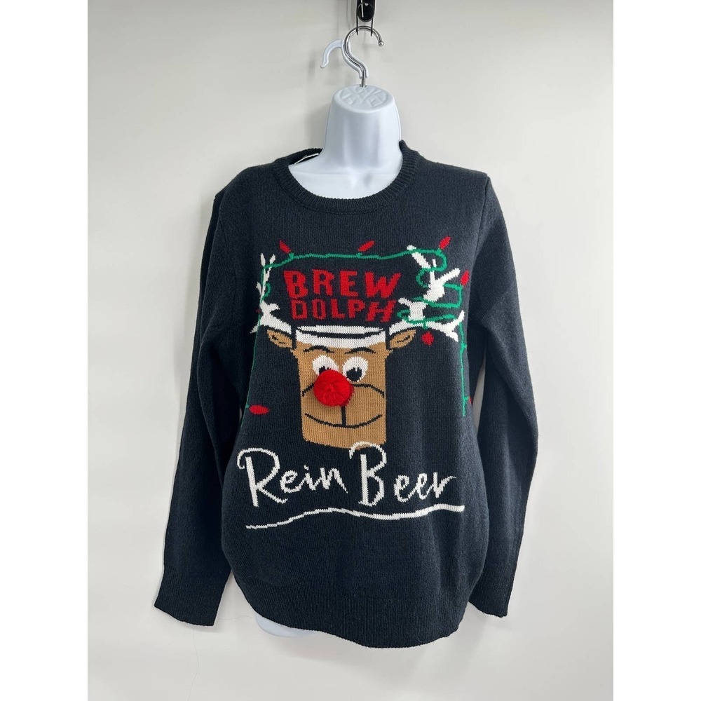 Brew Dolph Rein Beer Black Ugly Sweater Large Holiday‎ Party NWT Festive P